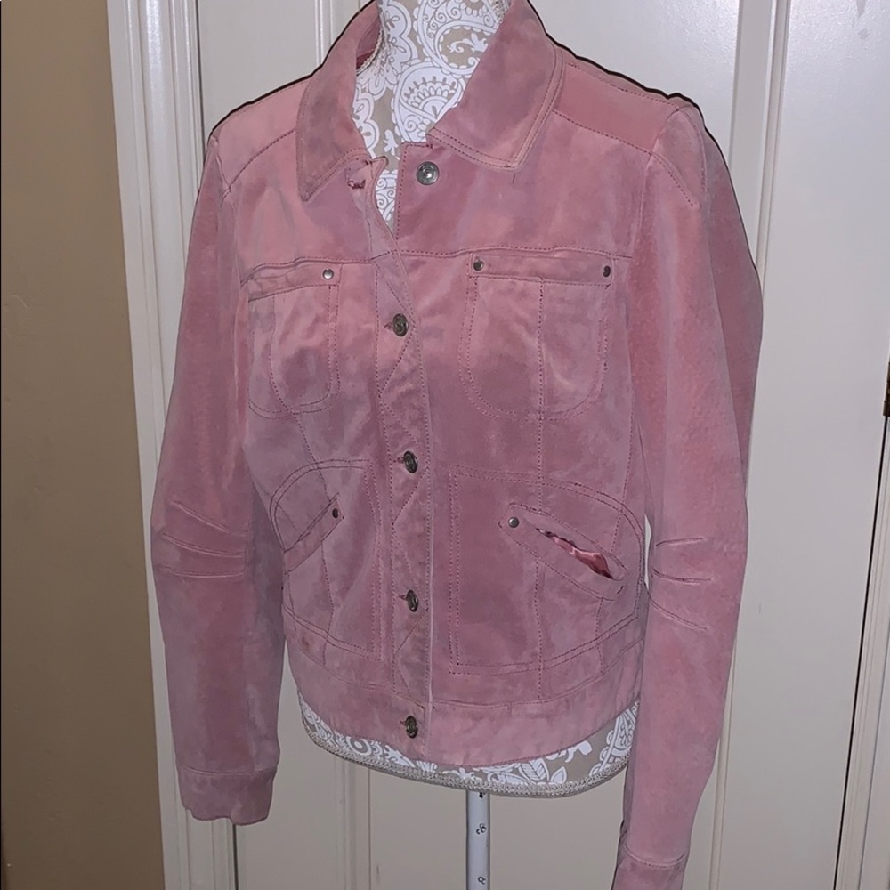Danier pink suede leather MOTO Trucker jacket L